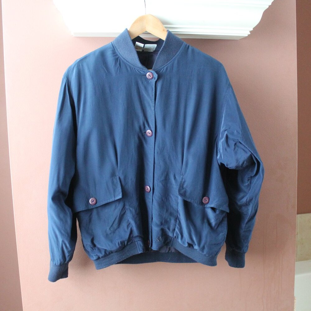 Vintage Le Coq Sportif French Blue Silk Bomber Unisex Raglan Sleeve Jacket S